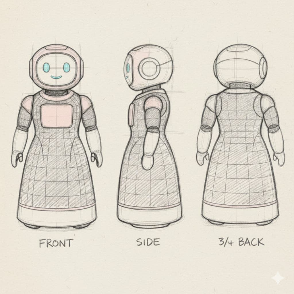 GRACE pencil sketch views - front, side, and 3/4 back