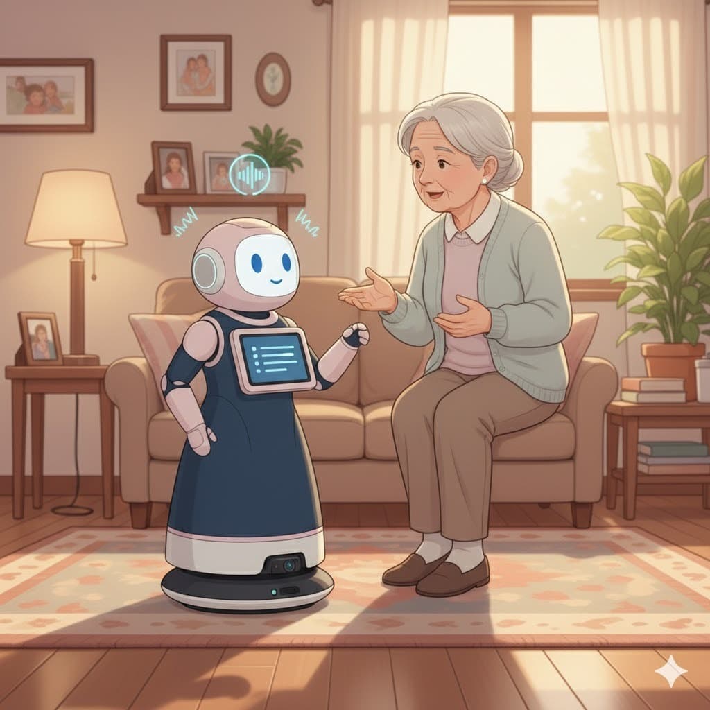 GRACE robot talking to an elderly woman in a living room